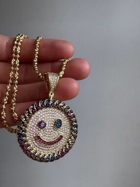 Iced Out Smiley Face Pendant Necklace - W/ Multicolor Crystal Accents